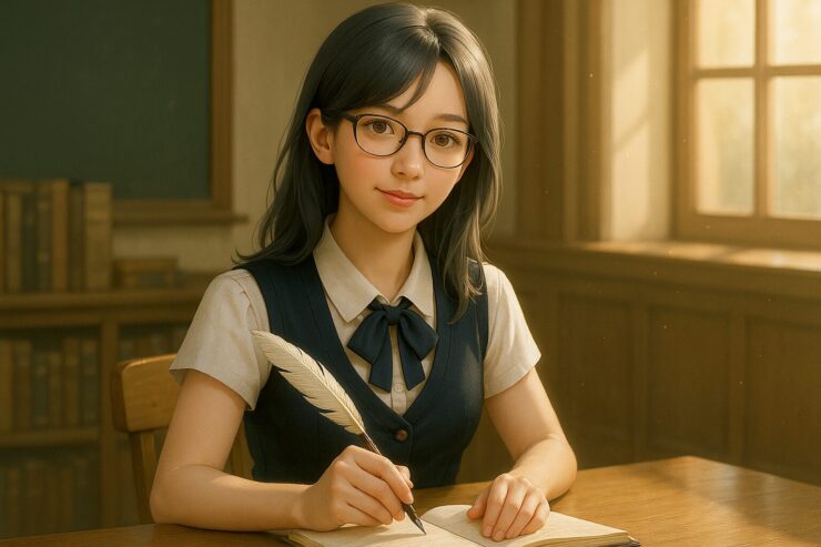 クラシカルな教室で羽ペンを持ち授業するミリア先生（横長構図） / A graceful young teacher Miria holding a quill during class in a classic wooden classroom (horizontal composition)