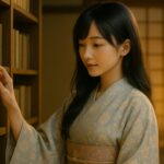 和風の本棚の前で本を選ぶミリアの横長ポートレート／Miria selecting a book in front of a traditional Japanese bookshelf, cinematic horizontal portrait