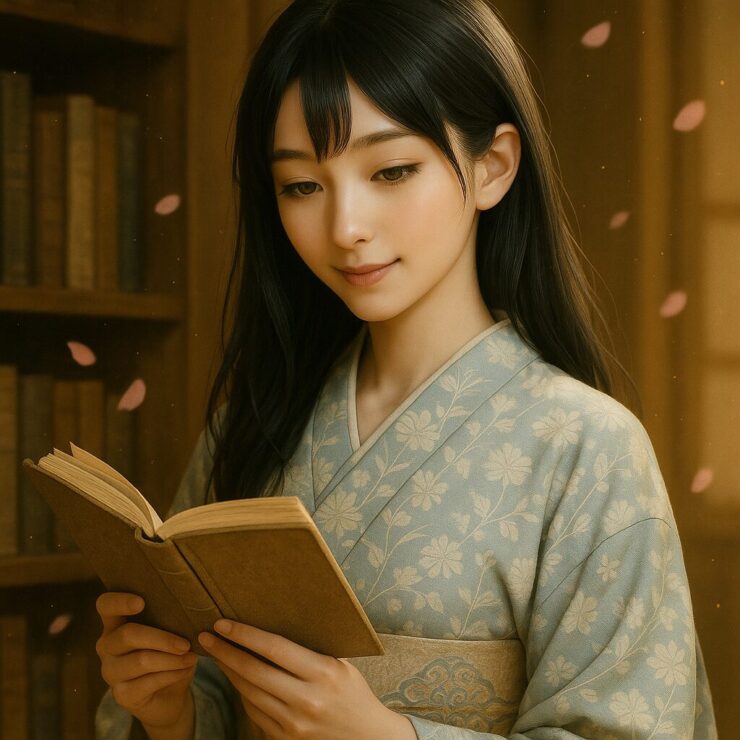 ミリアが和風本棚の前で静かに本を読む正方形イラスト/Miria calmly reading a book in front of a traditional Japanese bookshelf, square illustration