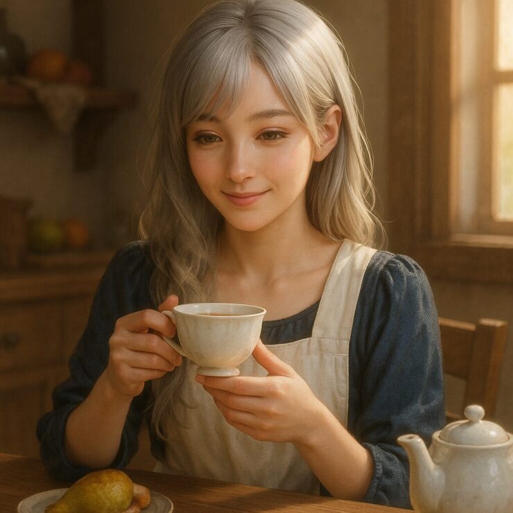 ティーカップを手に静かに微笑むミリアの室内風景（暮らしのミリア）
Miria smiling quietly indoors while holding a teacup in soft morning light.