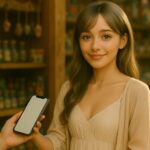 海外の土産物店でスマホを差し出すミリア。柔らかな私服と優しい笑顔、金色の光の中で通訳アプリを使って買い物する一瞬を詩的に捉えた構図。 Miria in a poetic casual outfit, offering her smartphone while shopping at a cozy souvenir shop overseas, bathed in soft golden light.