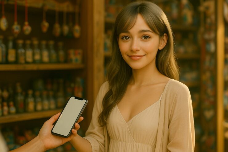 海外の土産物店でスマホを差し出すミリア。柔らかな私服と優しい笑顔、金色の光の中で通訳アプリを使って買い物する一瞬を詩的に捉えた構図。 Miria in a poetic casual outfit, offering her smartphone while shopping at a cozy souvenir shop overseas, bathed in soft golden light.