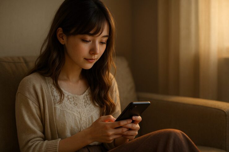 スマホを見つめながら静かに座るミリア。夕暮れの光が彼女の頬と髪にやわらかく射し込み、日常の中に溶けるような余韻を描き出しています。 A quiet moment with Miria, absorbed in her phone. Golden-hour light softly highlights her cheeks and hair, blending her presence into the peaceful room atmosphere.