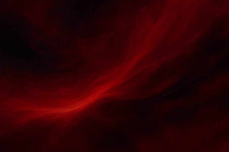 赤を基調にした抽象的な横長アートで、深紅の流れが画面中央を横断する構図。光の帯が動きを生み、緊張感と未来感を持つデジタルアート Abstract wide artwork dominated by deep red tones with a flowing central streak of light creating a sense of motion and focus