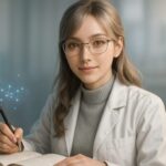 静かなラボでノートを開き研究する女性博士の横長ポートレート。銀金の髪と柔らかな光が頬を照らし、ペンを持つ指先の先に淡いホログラムが浮かぶ知的な雰囲気の構図。 A serene widescreen portrait of a young scientist writing in her notebook, her silver gold hair glowing softly as rim light highlights her cheeks. A faint hologram floats near her hand, creating a gentle and intelligent atmosphere.