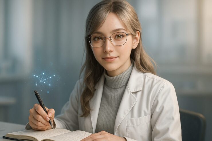 静かなラボでノートを開き研究する女性博士の横長ポートレート。銀金の髪と柔らかな光が頬を照らし、ペンを持つ指先の先に淡いホログラムが浮かぶ知的な雰囲気の構図。 A serene widescreen portrait of a young scientist writing in her notebook, her silver gold hair glowing softly as rim light highlights her cheeks. A faint hologram floats near her hand, creating a gentle and intelligent atmosphere.