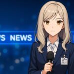 静かな青いニューススタジオでマイクを持つ女性記者が、落ち着いた眼差しでこちらを見つめる構図。柔らかな照明が髪に沿って流れ、背景の光が速報の空気を伝える。 A female news reporter stands in a calm blue studio holding a microphone, her steady gaze facing forward. Soft light traces her hair while the background glow suggests a breaking news atmosphere.