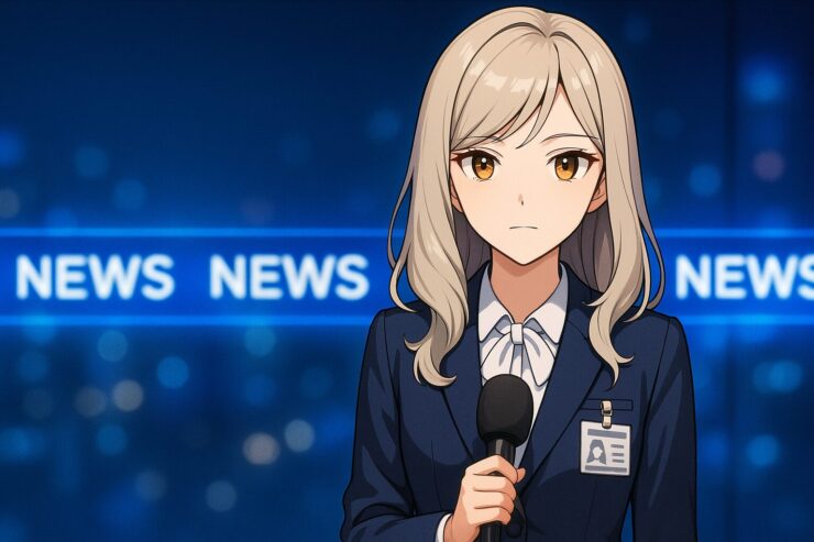 静かな青いニューススタジオでマイクを持つ女性記者が、落ち着いた眼差しでこちらを見つめる構図。柔らかな照明が髪に沿って流れ、背景の光が速報の空気を伝える。 A female news reporter stands in a calm blue studio holding a microphone, her steady gaze facing forward. Soft light traces her hair while the background glow suggests a breaking news atmosphere.