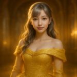 ミリアがディズニー『美女と野獣』のベル風ドレスをまとい、金色の舞踏会ホールで微笑む横長ポートレート写真。銀金グラデの髪と金茶の瞳、白肌の質感が柔らかな光に包まれて表現されている。 A horizontal portrait of Miria dressed in a Belle-inspired golden gown from Beauty and the Beast, standing in a softly lit ballroom. Her silver-gold gradient hair and golden-brown eyes glow gently under the warm cinematic light.