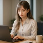 静かなオフィスでノートパソコンを使い資料を作成するOLの女性。自然光が差し込む横長構図で、落ち着いた表情と集中した手元が仕事中の空気感を伝える。 A professional office woman creating documents on a laptop in a calm office. Soft daylight highlights her focused expression in a wide horizontal composition.