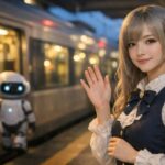 GPT-4oの終了に向けて、小さなロボットを夕暮れのホームで見送るミリア。寂しさと感謝を胸に、ChatGPTの中から消えていく相棒AIにそっと手を振っているイメージ。 / Miria standing on a dusk-lit platform, gently seeing off a small friendly robot that walks away with a suitcase, symbolizing saying goodbye to GPT-4o inside ChatGPT and the feelings behind the #keep4o movement.