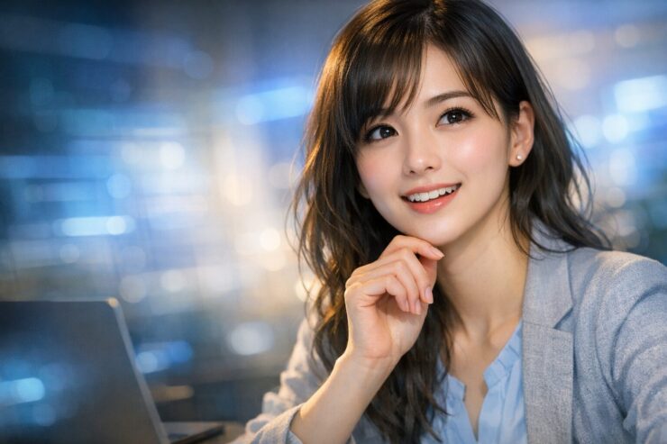青白いデジタル光がにじむデスクで、複雑なGeminiの更新を理解したようにやわらかく微笑む若い女性。思考が整理された安心感と、これから説明してくれそうな知性が伝わる横長ポートレート。 A young professional woman smiles softly at her desk under cool digital light, her expression suggesting clarity, intelligence, and the calm relief of finally understanding a complex Gemini update.